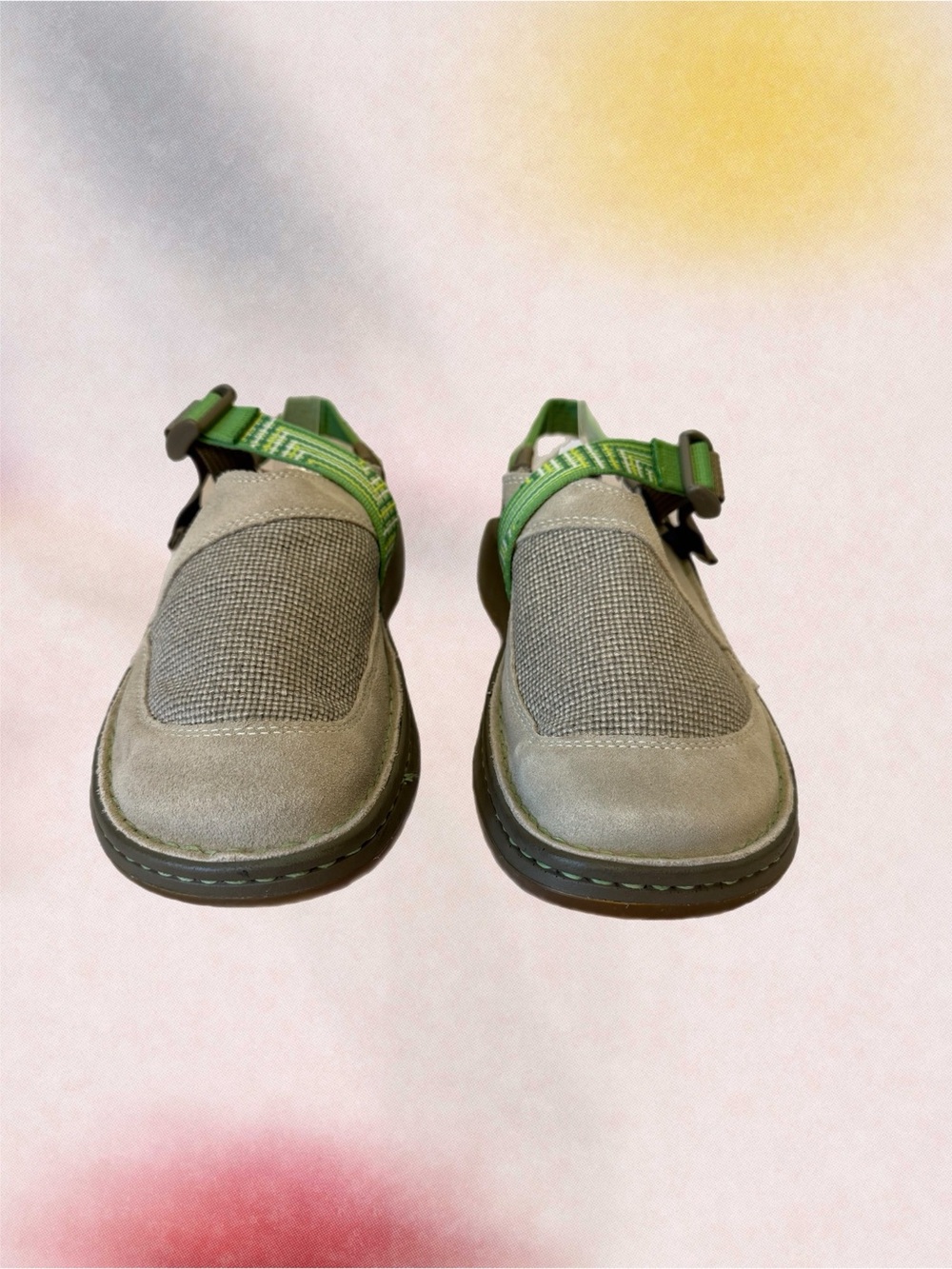 Chaco ToeCoop Women's Tan suede Slip-On Mules with Green adj Strap Sz 9